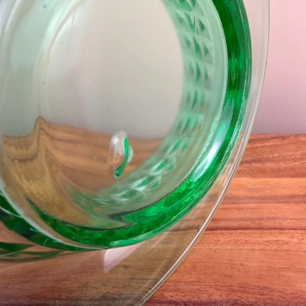 Imperial Glass Flat Diamond Green Uranium Glass Console Bowl Rolled Rim Vintage